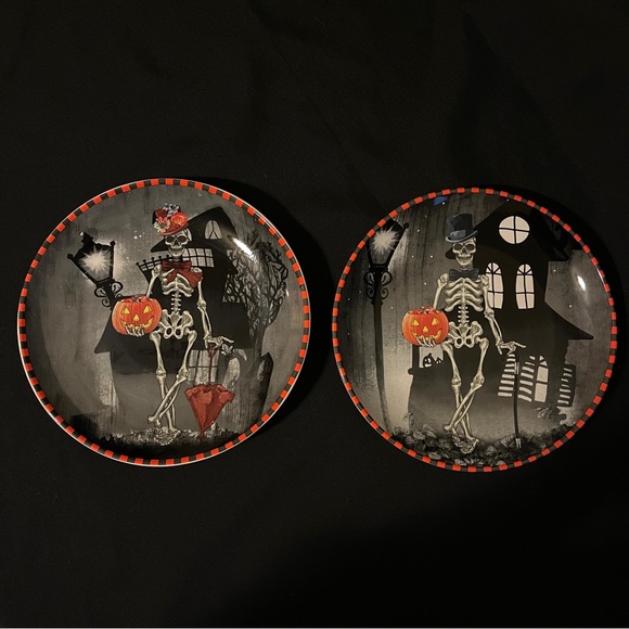Set of (2) Classy Mr. & Mrs. Skeleton Halloween Plates - Picture 1 of 12